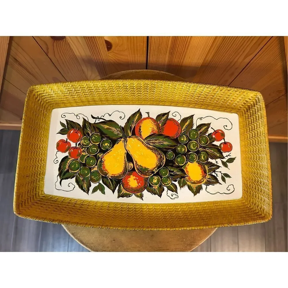 Nevco 3415 Curve Edge Rectangle Tray Fruit Motif Plastic VTG Faux Rattan Japan (
